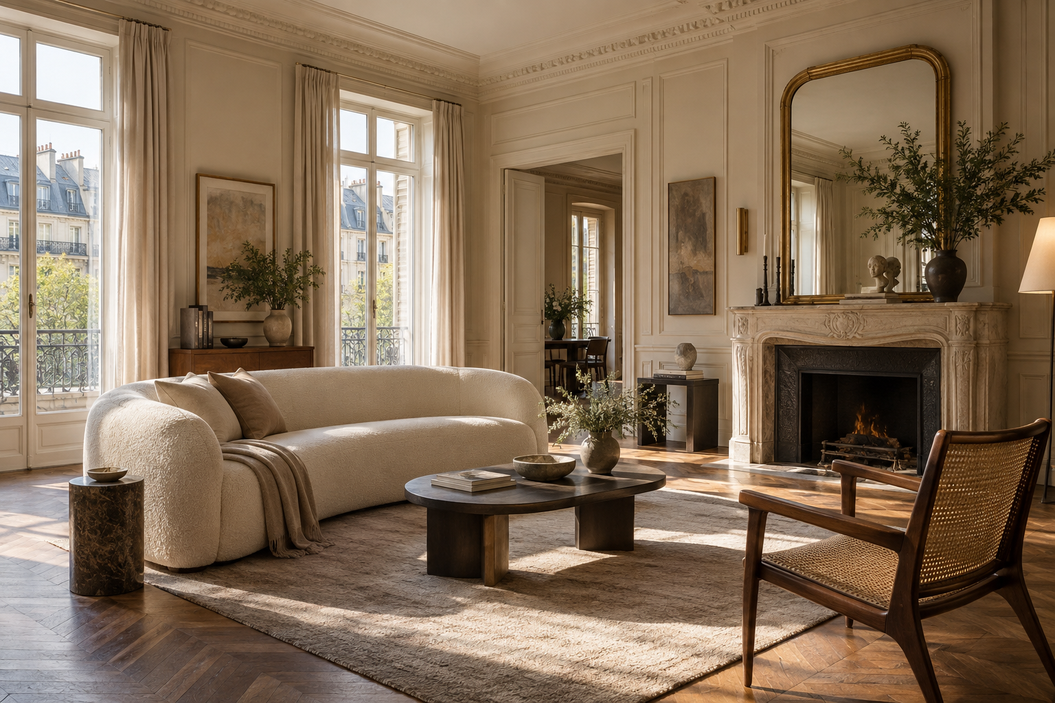Intérieur parisien aux tons crème et bois sombre, illustration de l’univers Maison Pantheon